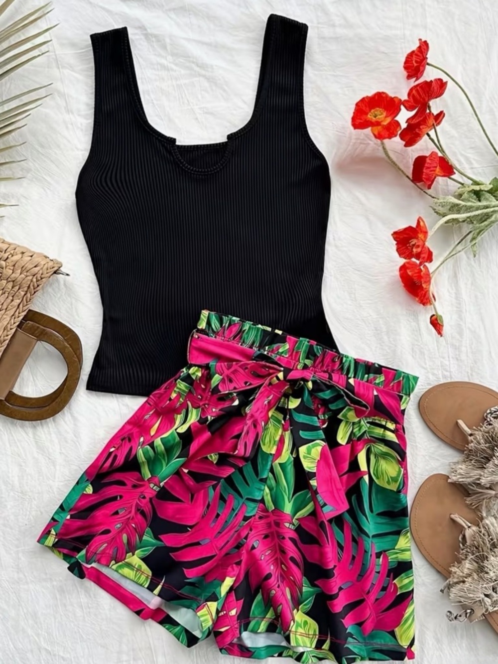 Tropical Tie-Waist Women's Shorts - Black & Magenta Leaf Print